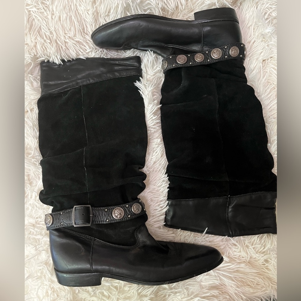 DINGO Black Leather Suede Silver Coin Strap Slouchy Knee High Boots 7
